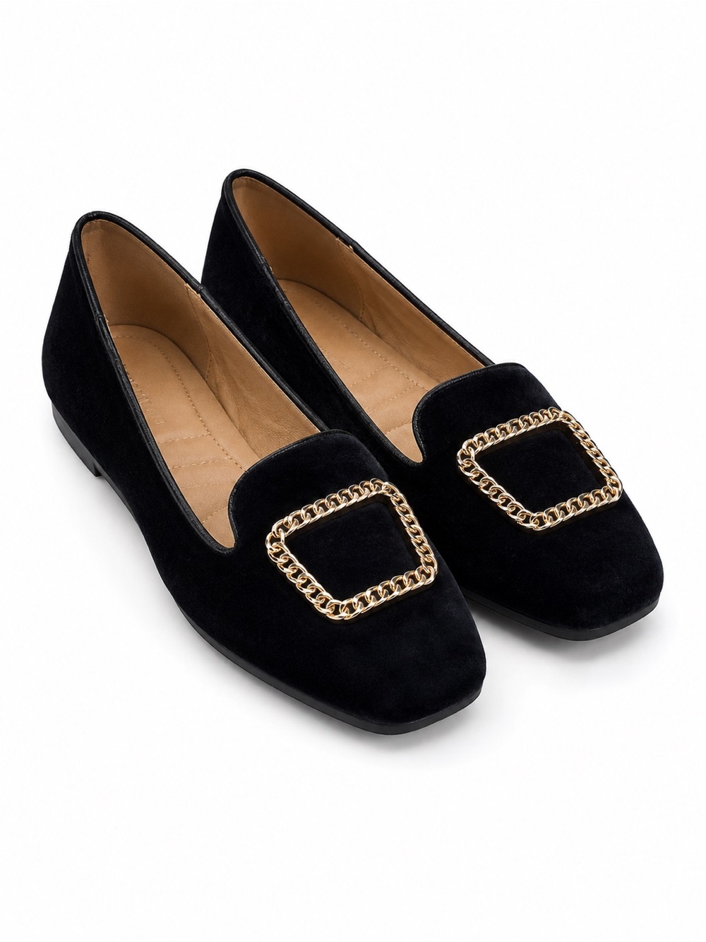 Adrienne Vittadini Black Velvet Square Toe Loafers Gold Chain Buckle Flats 7